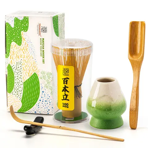 TEANAGOO Matcha Whisk Set, 6-Piece Traditional Starter Set with 100-Prong Whisk, Green Holder, Scoop (Chashaku), Tea Spoon, and Bamboo Chasen for Latte and Ceremony