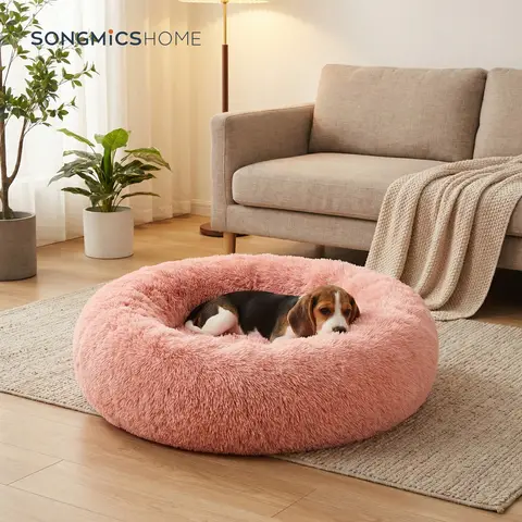 SONGMICS Donut-Shaped Dog Crate with Removable & Washable Cover, Pink, Diameter 80 cm x Height 20 cm