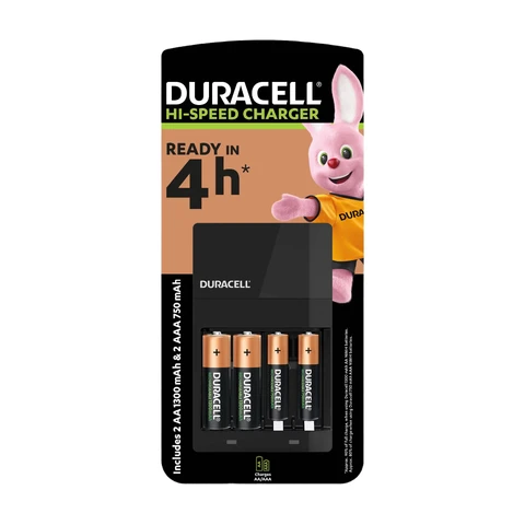 DURACELL Chargeur Piles Rechargeables 4 heures, 2 piles AA et 2 piles AAA