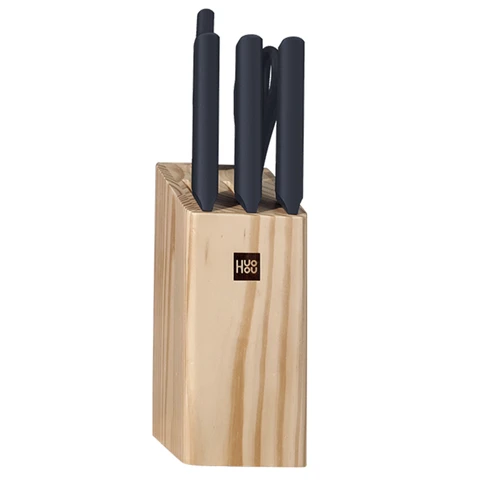 Huohou 6-Piece Stainless Steel Kitchen Knife Set with Wooden Block – 30Cr13 Blades, Hand-Polished Edges, Ergonomic PP Handles, Double-Inclined Pine Holder, Sharp and Durable Cooking Knives for Home Use