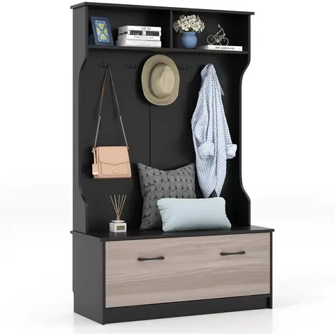 Costway 63-inch Hall Tree with Coat Rack and Storage Bench, Black