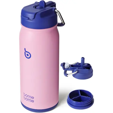 BOTTLE BOTTLE 16oz Insulated Water Bottle Stainless Steel Sport Water Bottle with Straw Dual-use Lid Design for Gym with Pill Box Pink