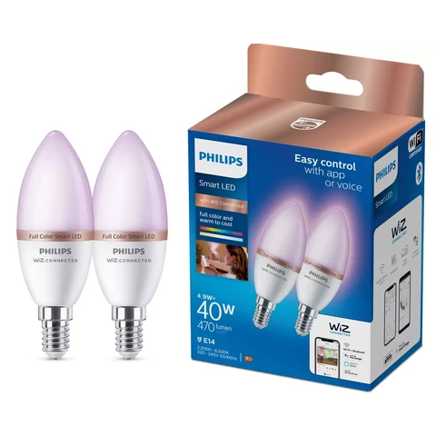 Philips Smart Light Bulb LED Candle Frosted Screw E14 Full Colour & Warm/Cool Spectrum 40W 2pcs
