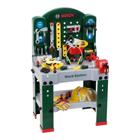 Theo Klein 8513 Bosch Workstation Werkbank mit Werkzeug, Montagefahrzeug und zahlreichem Zubehör Arbeitsplatte mit Lernfunktion Maße: 61 cm x 44,5 cm x 101 cm Spielzeug für Kinder ab 3 Jahren