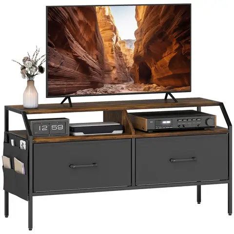 HOMCOM TV Stand Cabinet, TV Unit for 55-inch TVs with 2 Foldable Fabric Drawers, 5 Divided Side Pockets Rustic Brown