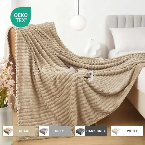 LeBonsoir Cuddly Fluffy Blanket， Striped Flannel Blanket， Couch Blanket， Warm Throw， Sofa Blanket， Versatile Blanket for Bed， Sofa， Bedroom， Office， Super Soft Blanket， Khaki 180x200cm