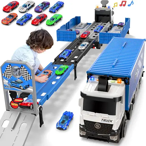 Transport Truck Toys Cars-Blue for Boys,Portable Truck Toy with 8 Race Cars,Birthday Gifts Carrier Vehicles Toys Set for Kids Age 3 4 5 6 7 8 9 10-12+ Year Old Boys Girls