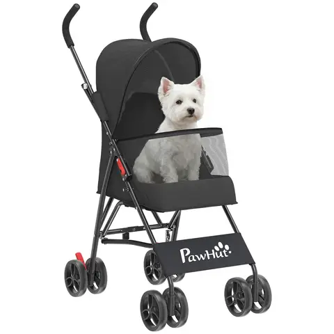 PawHut Dog Stroller, Foldable Cat Dog Pram for Miniature Breeds, Pet Stroller with Canopy, 360° Swivel EVA Wheels, Brake Blac