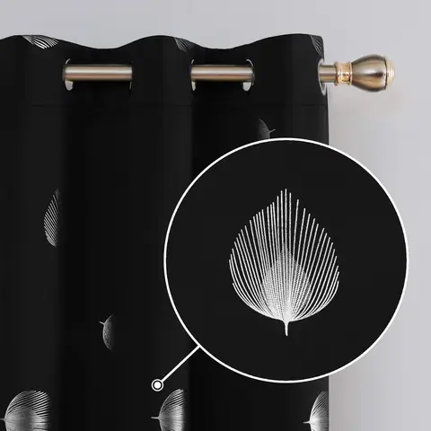 Deconovo Blackout Silver Foil Printed Fan Leaf 8 White Grommet No Tie Curtain, 2Pcs W132xL183 Black