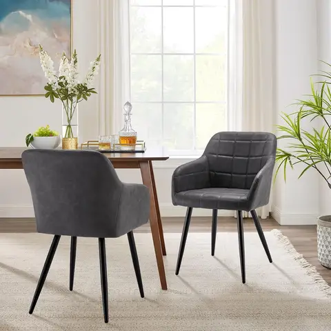 CLIPOP Faux Leather Dining Chairs Set of 2, Lounge Reception Chairs with Arms and Metal Legs, Padded Accent Armchair for Kitchen Dining Room, Living Room Corner Bedroom 067 pu deep grey 55*60*82.5 cm