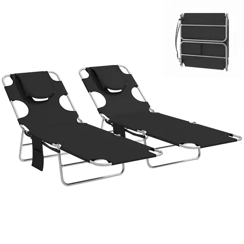 Outsunny Foldable Sun Loungers Set of 2, Beach Chaise Lounge with Reading Hole, Arm Slots, 5-Position Adjustable Backrest, Si