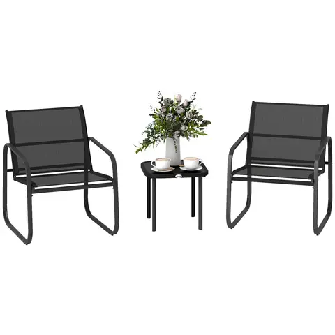 Outsunny Garden Bistro Set, 3 Piece Metal Garden Furniture Set with Mesh Chairs and Square Glass Top Table, Small Balcony Furniture for Outdoor, Patio, Conservatory, Black