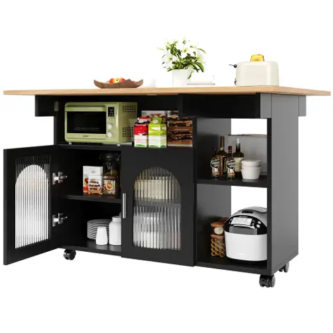 Keukeneiland - Keukenkast - Uitneembare dressoir - Buffet - Houtlook - Eettafel - Zwart