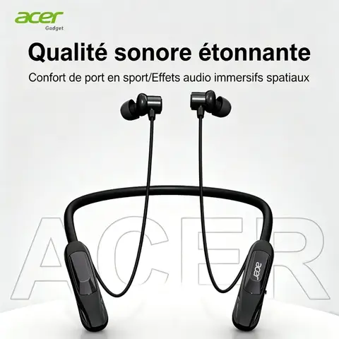 Acer OHR810 Écouteurs intra-auriculaires sans fil tour de cou pour le sport, Rangement magnétique, Double mode pour le jeu et la musique, Bluetooth 5.4, Autonomie ultra-longue, Basses profondes, Réduction de bruit stéréo pour les appels, Mode jeu à faible latence, Audio Hi-Fi Dolby, Recommandé comme cadeau, Port de charge Type-C