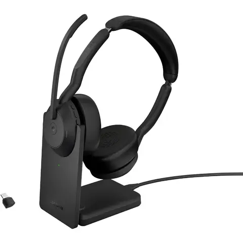 Jabra Evolve2 55 Stereo Wireless-Headset mit Ladestation, Air Comfort Technologie, geräuschunterdrückende Mikrofone, aktive Geräuschunterdrückung – MS Teams zertifiziert, kompatibel mit anderen Plattformen – Schwarz