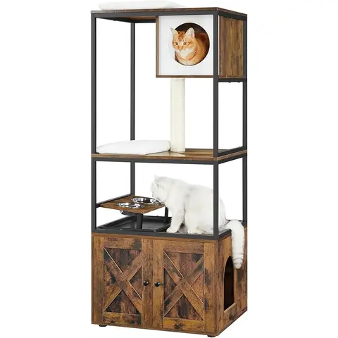 Feandrea Cat Tree, Scratching Post, Cat House with Litter Compartment, Raised Bowl Holder, Sisal Post, Washable Carpets, Vintage Brown