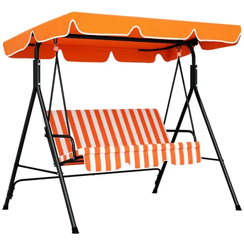Outsunny 3 Seater Swing Chair with Adjustable Canopy, Garden Swing Seat with Steel Frame, Padded Seat, Orange and White