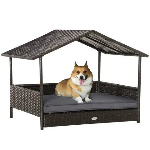 PawHut Wicker Dog Bed, Elevated Rattan Dog House with Removable Cushion and Canopy, for Small and Medium Dogs Grey