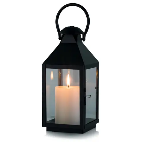 Black Decorative Candle Lantern: Metal Pillar Candle Holders for Table Centerpiece - 10.2in Tall Hanging Lanterns for Outdoor Wedding Party Home Living Room Fireplace Decor