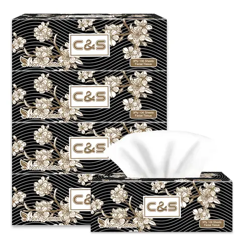 C&S Jierou Boxed Facial Tissue (Black Box), 3-Ply, 424 Sheets (4 Boxes x 106 Sheets)