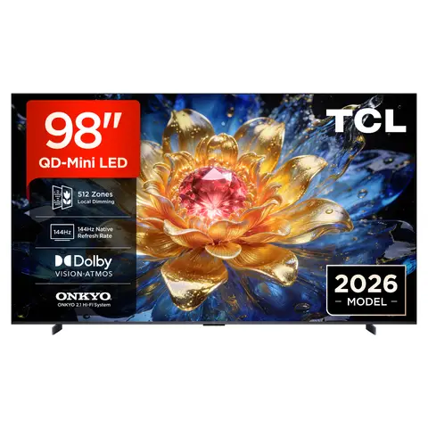 [2026 Neuheit] TCL 98T8D 98” QD-Mini LED 4K HDR Ultra HD TV, Smart Google TV (Dolby Vision, HDR10+ & Atmos, 144 Hz VRR, FreeSync Premium Pro, Onkyo 2.1 Sound, Sprachsteuerung, kompatibel mit Google Assistant, Google Cast und AirPlay 2)