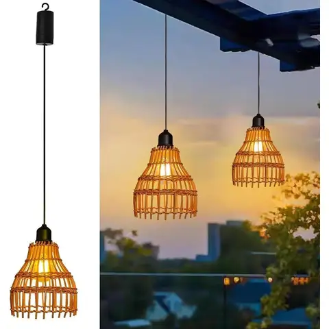 Hängender Boho-Lampenschirm aus Rattan, batteriebetriebene Pendelleuchte ohne Stromanschluss für Außen- und Innenbeleuchtung