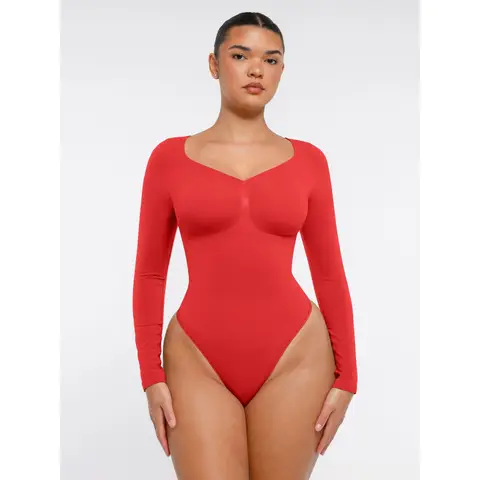 Feelingirl Seamless Long Sleeve Arm shaper Tummy Control Ruched Bust Thong Bodysuit for Women L Red, Couple Gift Perfect Gift