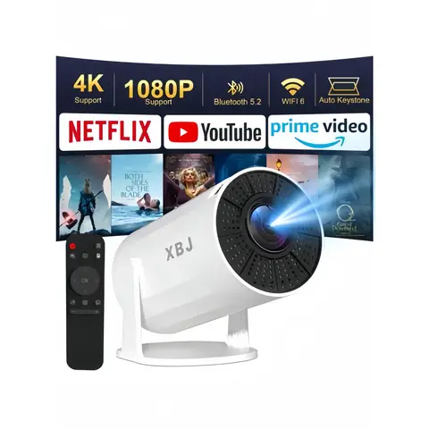 XBJ Portable White Projector with WiFi 6 & Bluetooth 5.2, Smart Mini Projector，1080P HD (4K Decoding), Android 11 System, Auto Keystone + 180° Rotatable, 200 ANSI, 40-200" Screen for Bedroom/Indoor/Outdoor/Home Theater