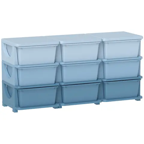 HOMCOM 9 Drawers Plastic Storage Units, 3 Tier Kids Storage Units, Children Toy Chest for Nursery, Playroom, Bedroom, Blue