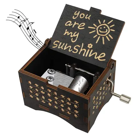 Alphynix Musikbox, Schwarz, „You Are My Sunshine“, musikalisches Geschenk, manuell zu bedienen, Sonnengravur und Notenmuster, Vintage-Holz-Erinnerungsstück, 1 Stück