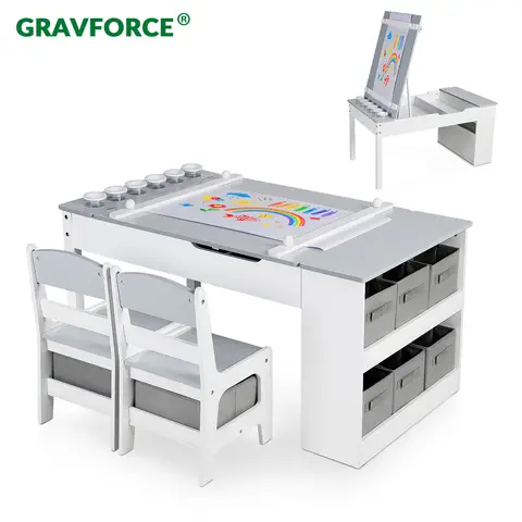 GRAVFORCE Kids Art Table and Chair Set, Wooden Toddler Craft Easel Desk with 2-Tier Open Shelf, Storage Bins, Paper Roll, Paint Cups, Children Play Activity Furniture Grey