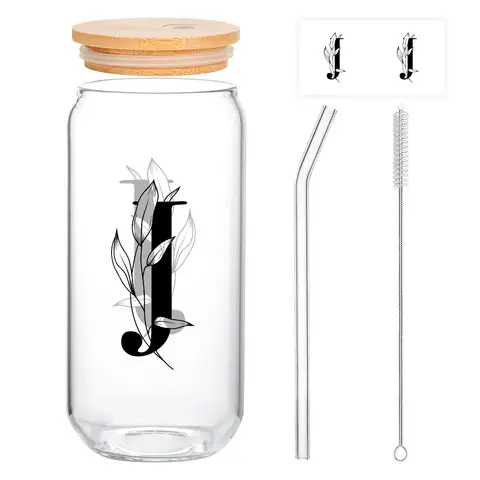 Alphynix 1pc Modern Glass Cup, 500ml Tall Iced Coffee Glass with Monogram "J" Design, Bamboo Lid & Straw, Cold Drink Tumbler for Iced Tea, Juice, Boba