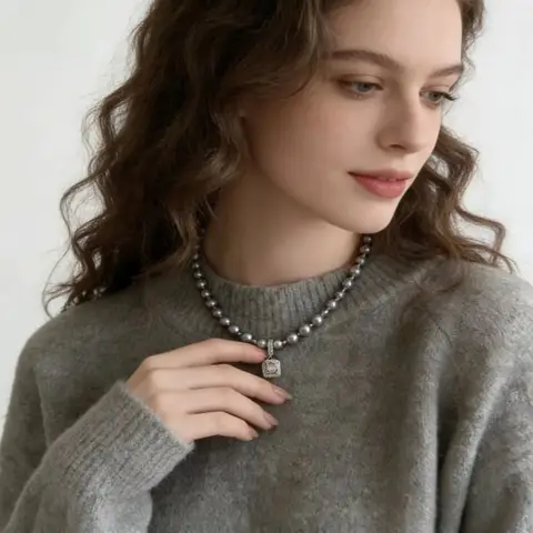 VoxorAI XL25 Grey Bubble Sugar Cube Necklace Pearl Necklace Sweater Chain Pendant Detachable All Seasons