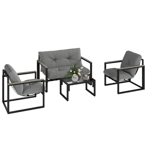 Outsunny Garden Furniture Set, 4 Piece Indoor Outdoor Conservatory with Loveseat Sofa, Armchairs, Glass Top Coffee Table, Cushions for Balcony, Poolside, Patio, Dark Grey