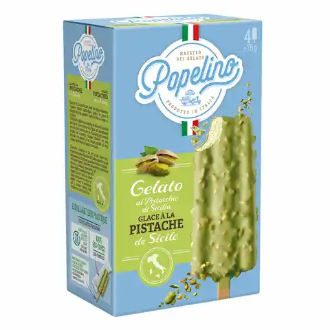 POPELINO Bâtonnets de glace Pistache De Sicile Enrobage Chocolat Blanc Pistache x4 312g