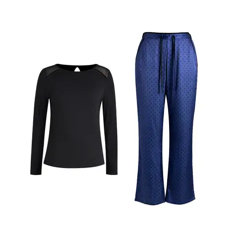 IZURIA round-neck black long sleeved top and navy polka dot pants set  L