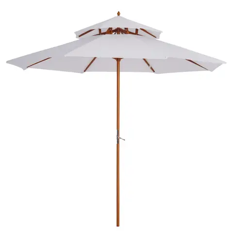 Outsunny 2.7 m Garden Parasol Umbrella, Double Tier Wooden Table Parasol Outdoor Sun Umbrella Sunshade with Crank, Bamboo Ribs, White