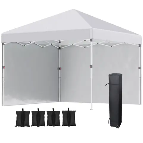Outsunny 3 x 3 (M) Pop Up Gazebo, UPF 30+ with 2 Sidewalls, Leg Weight Bags and Wheeled Bag, Height Adjustable Party Tent Event Shelter for Garden, Patio, White