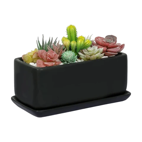 MyGift 10 Zoll matt schwarzer Keramik Indoor Pflanztopf Sukkulenten Pflanzer, dekorativer Blumentopf mit Abflussloch und abnehmbarem Tablett