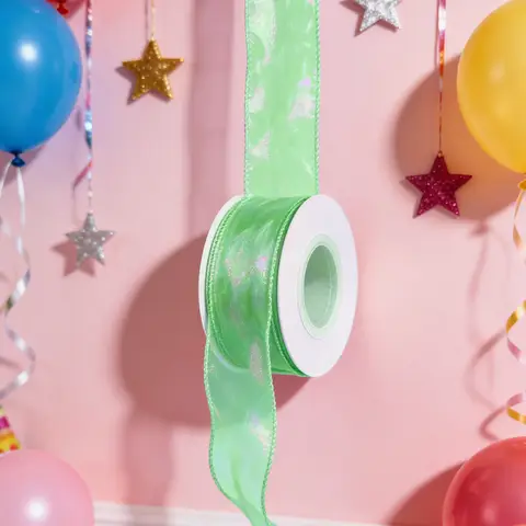 JU7CER 2-piece iridescent fishtail ribbon set [Lime Green] 4.5cm x 9m bow-tie wave-patterned sheer ribbon Solid-colour silk ribbon floral packaging material