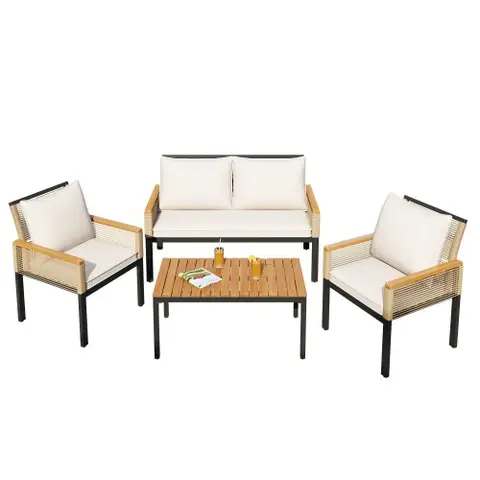 Garden lounge set, garden furniture set with comfortable cushions, double sofa, 2 armchairs and table, outdoor, rattan, table and chairs, Beige 
