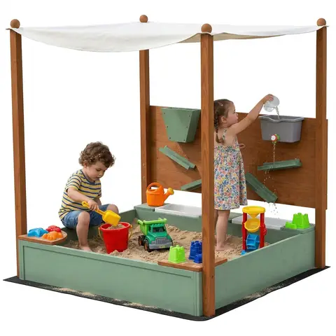 AIYAPLAY Wooden Kids Sandpit Outdoor Sandbox with Canopy with 2 Storage Bins, Funnel, Liner, Chutes, Bucket with Tap for 3-6 Years, 116 x 112.5 x 128 cm, Green