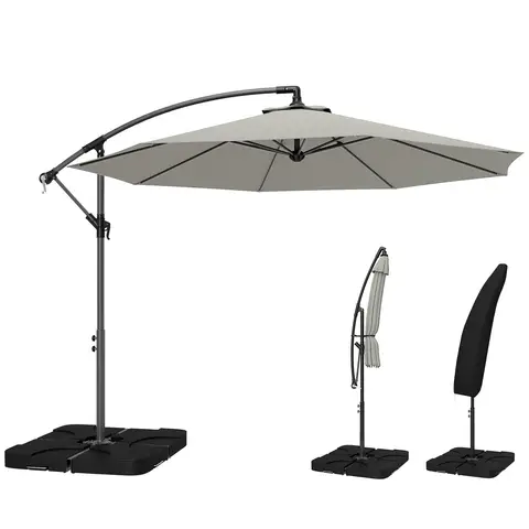 Outsunny 3 m Cantilever Parasol with Umbrella Weights, Cross Base, Offset Outdoor Umbrella with Protective Cover, Crank Handle, Light Grey