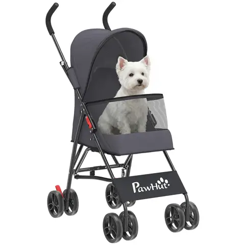 PawHut Dog Stroller, Foldable Cat Dog Pram for Miniature Breeds, Pet Stroller with Canopy, 360° Swivel EVA Wheels, Brake Dark
