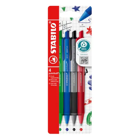 STABILO Pointball Colorful - Ballpoint Pen - Pack of 4 - Dark Grey, Mint Green, Rust Red and Ultramarine
