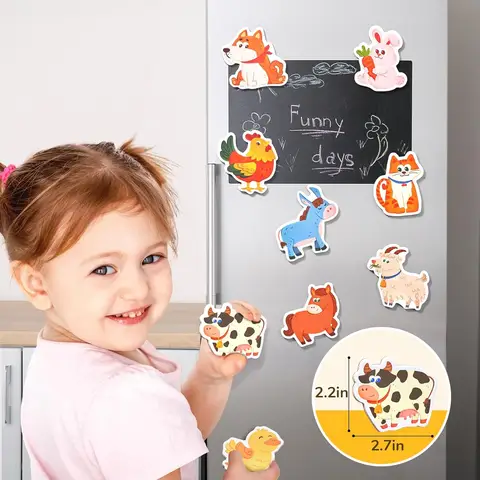 JoyCat Wooden Fridge Magnets for Kids – 10 Cute Farm Animals Refrigerator Magnets for Toddlers + Reusable Sticker Book - Jelly Animal Stickers for Toddlers