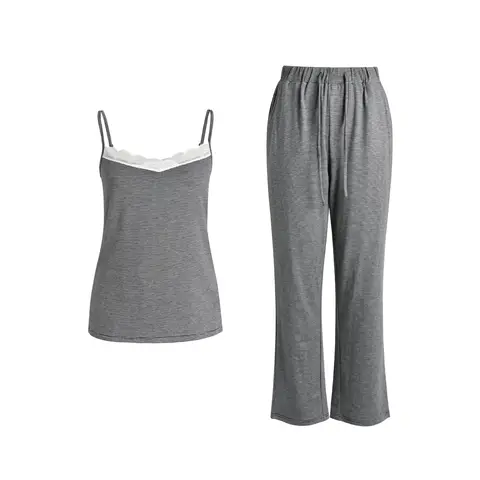 IZURIA white wide lace v-neck black knitted camisole and knitted pants set  S