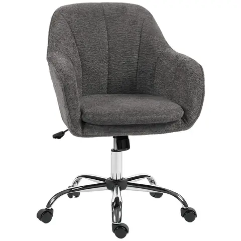 HOMCOM Snow Flannel Office Chair, Modern Makeup Vanity Chair with Tub Back, Swivel Rolling Computer Armchair for Bedroom, Living Room, Grey