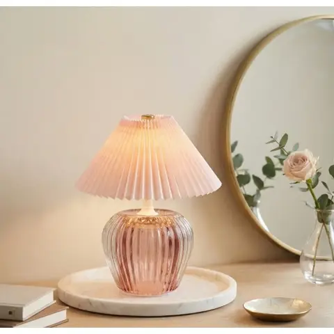 Candlelight Table Lamp Vintage Pleated Shade LED Pink H:19.5cm