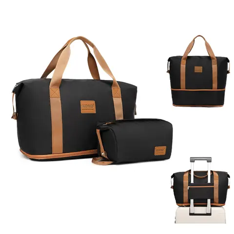 Travel Duffel Bag with Detachable Cosmetic Bag 36L, Expandable Overnight Weekend Bag, Dry & Wet Separated Sports Gym Bag, Water Resistant Carry On Hand Luggage, Unisex Hospital Tote for Women Men(Black/Brown)